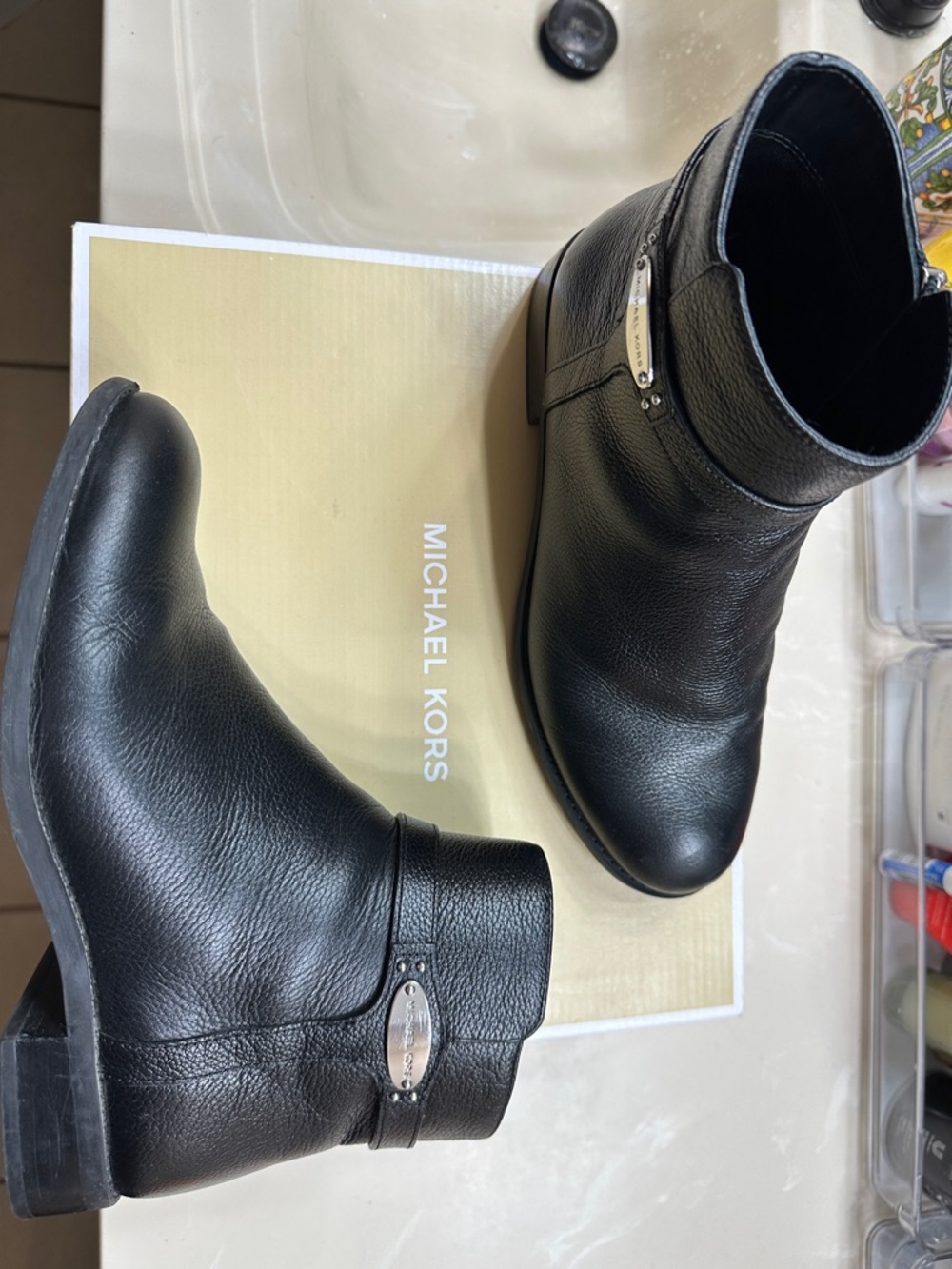 Michael Kors Black Leather Short Ankle Boots with Logo Plaque